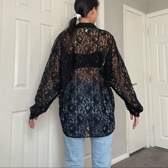 Vintage Fritz and Floyd• Black Lace Sheer Button Down Shirt/ Blouse - Picture 4 of 11